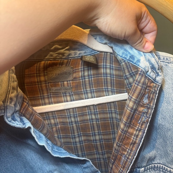St. John's Bay Blue Denim Shirt with Brown Plaid Lining - Picture 3 of 4